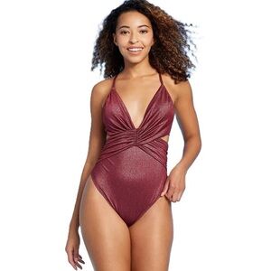 Shade and Shore Lurex Plunge Burgundy One-Piece Swimsuit Monokini Size S NWT